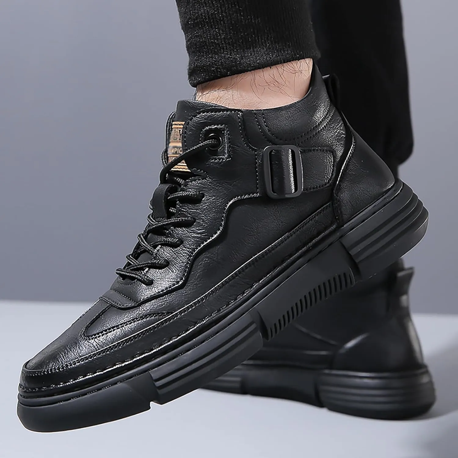 Men's Lace Up Hand Stitching High Top Hiking Boots,Fashion Buckle Outdoor Ankle Boots,Warm Thermal Comfortable Lightweight Waterproof Non-Slip Travel Walking Shoes