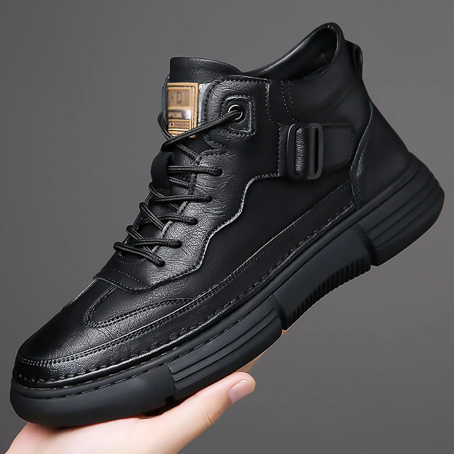 Men's Lace Up Hand Stitching High Top Hiking Boots,Fashion Buckle Outdoor Ankle Boots,Warm Thermal Comfortable Lightweight Waterproof Non-Slip Travel Walking Shoes