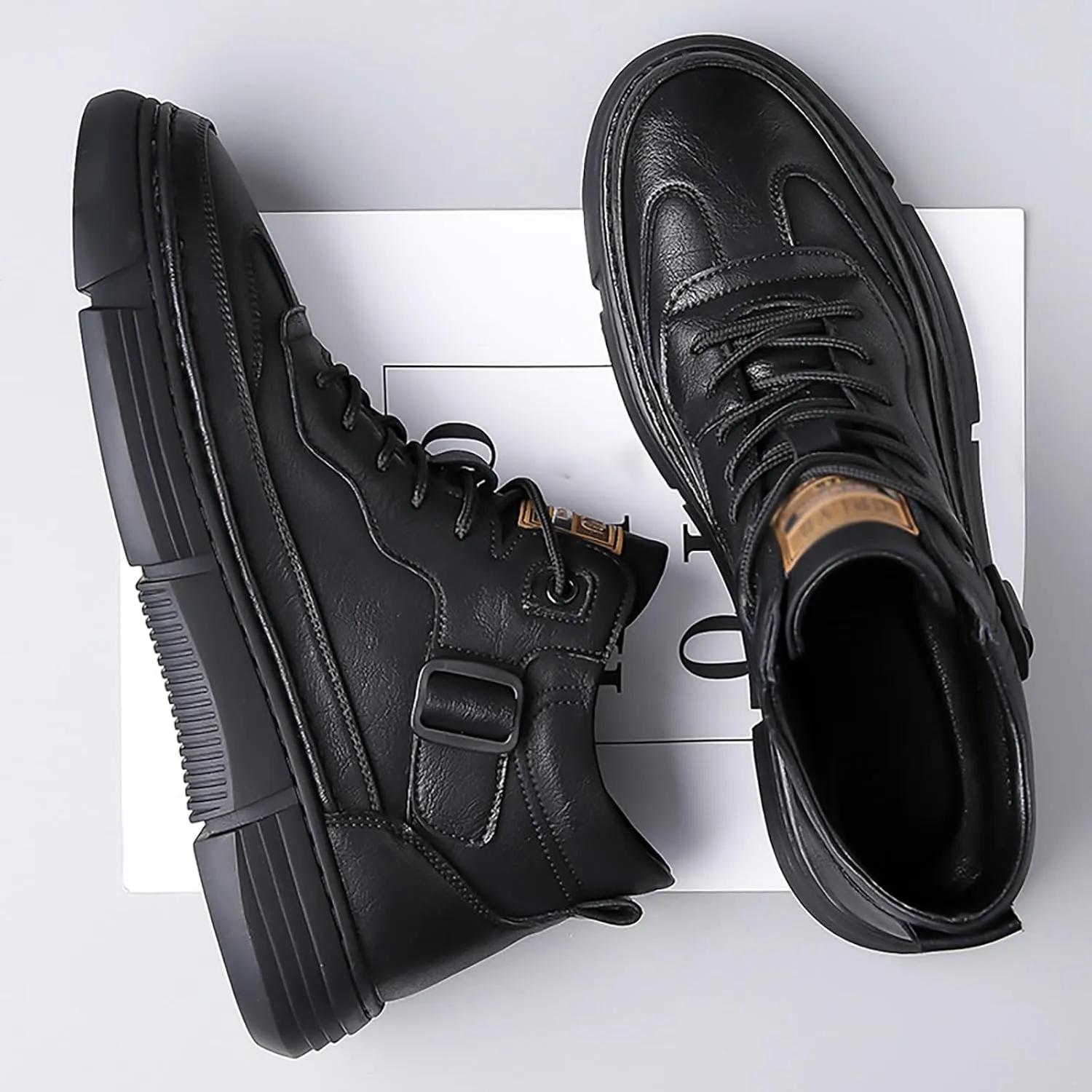 Men's Lace Up Hand Stitching High Top Hiking Boots,Fashion Buckle Outdoor Ankle Boots,Warm Thermal Comfortable Lightweight Waterproof Non-Slip Travel Walking Shoes