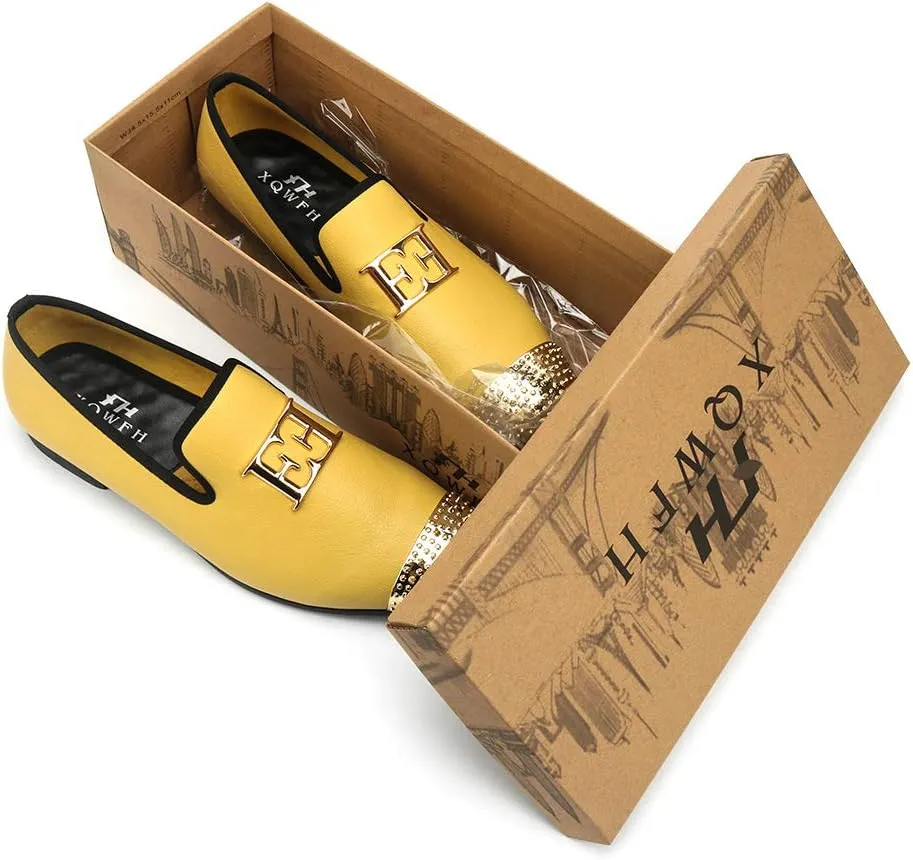 Mens Leather Loafers Spiked Dress Shoes with Gold Buckle Penny Slip-On Luxury Men Wedding Party Prom Shoes