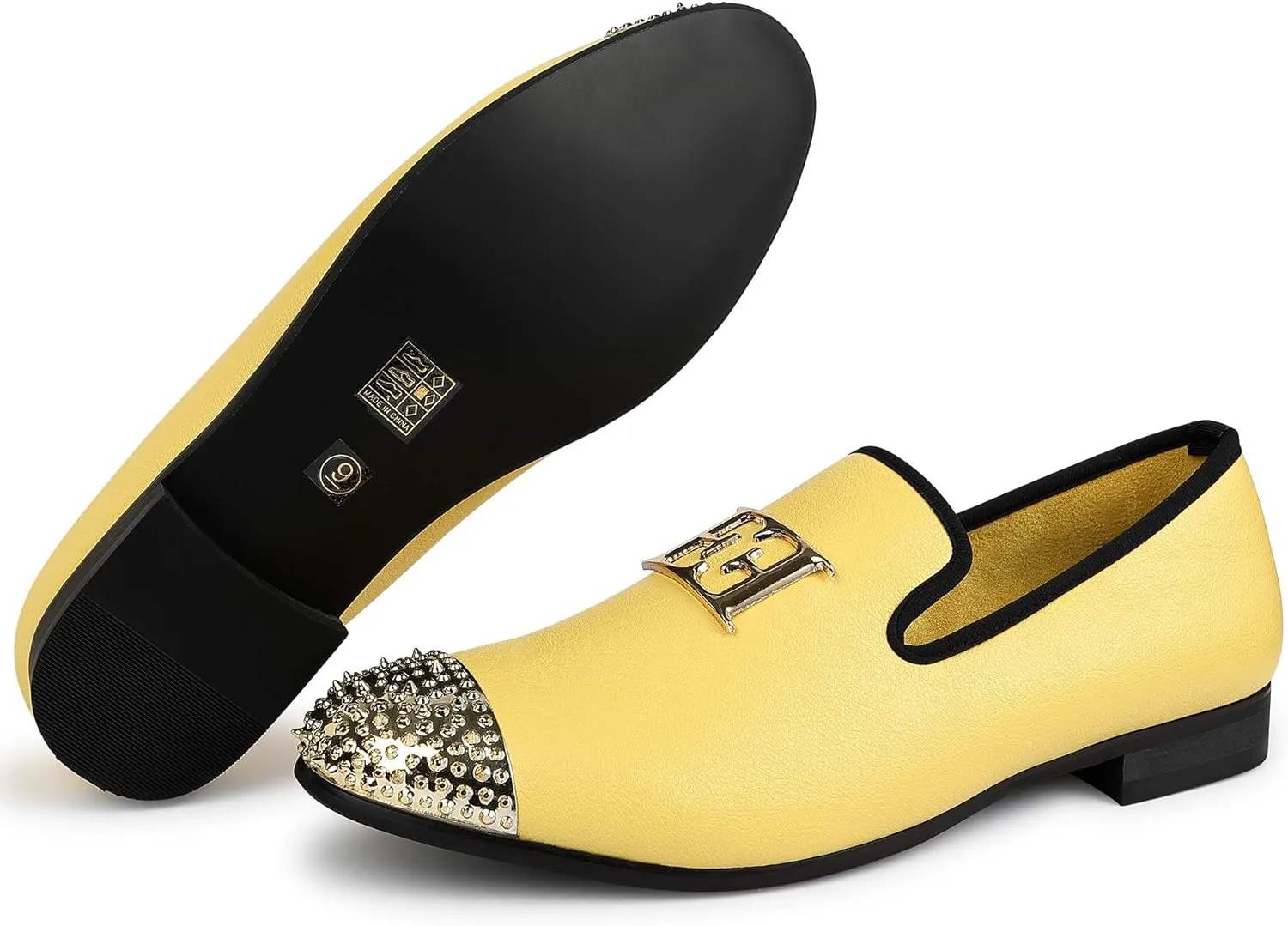 Mens Leather Loafers Spiked Dress Shoes with Gold Buckle Penny Slip-On Luxury Men Wedding Party Prom Shoes