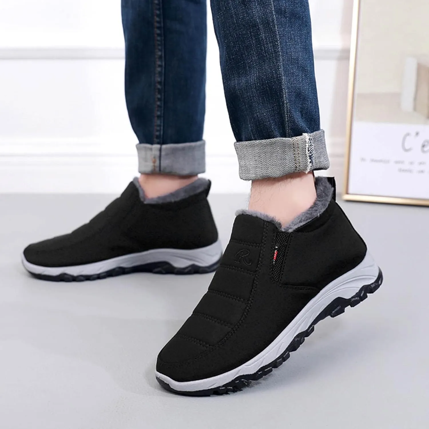 Mens Lightweight Snow Boots Winter Anti-Slip Ankle Booties Waterproof Slip On Warm Fur Lined Sneaker Thermal Boots