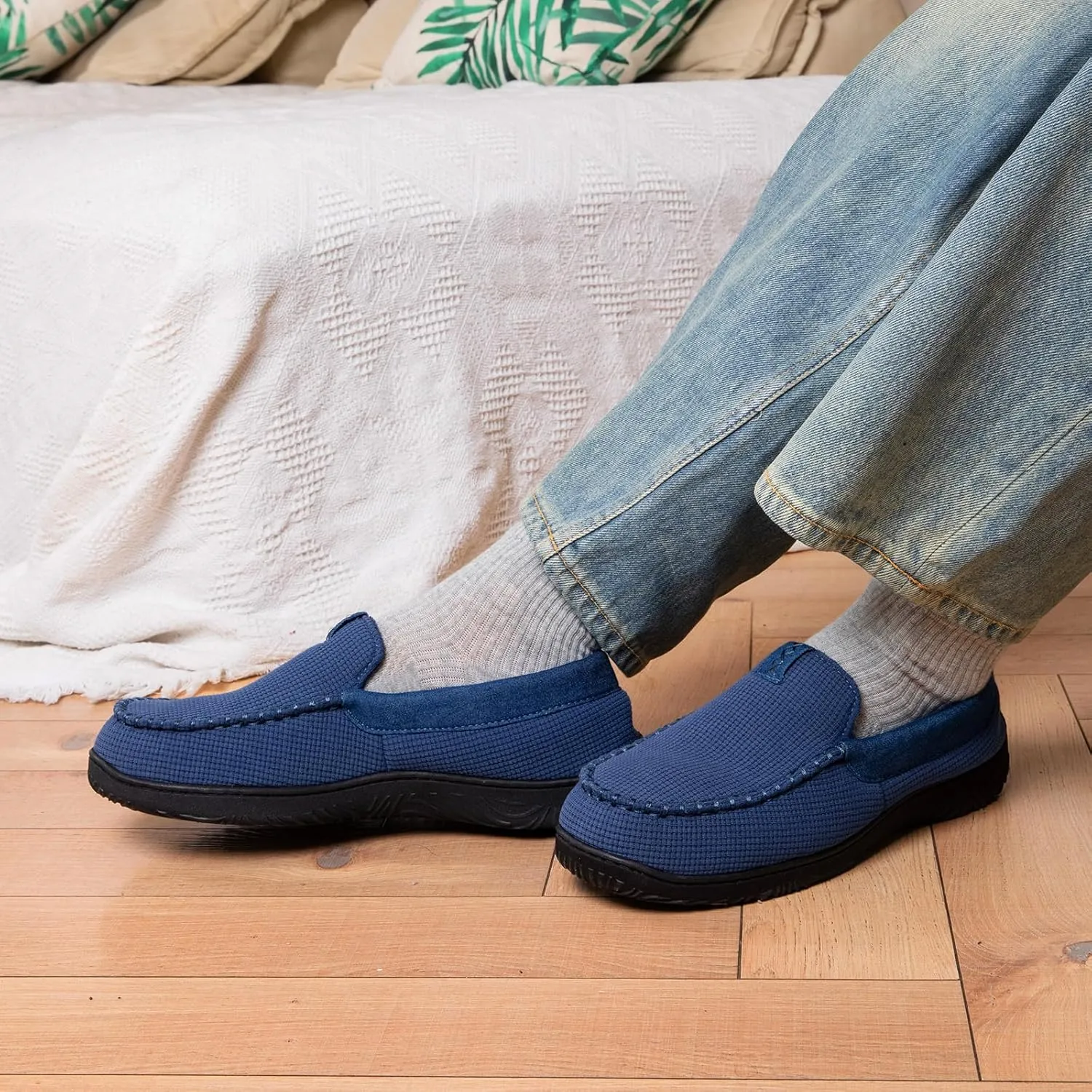 Men's Moccasin House Slippers - Memory Foam Indoor Outdoor Shoes Breathable Slip-on Loafers