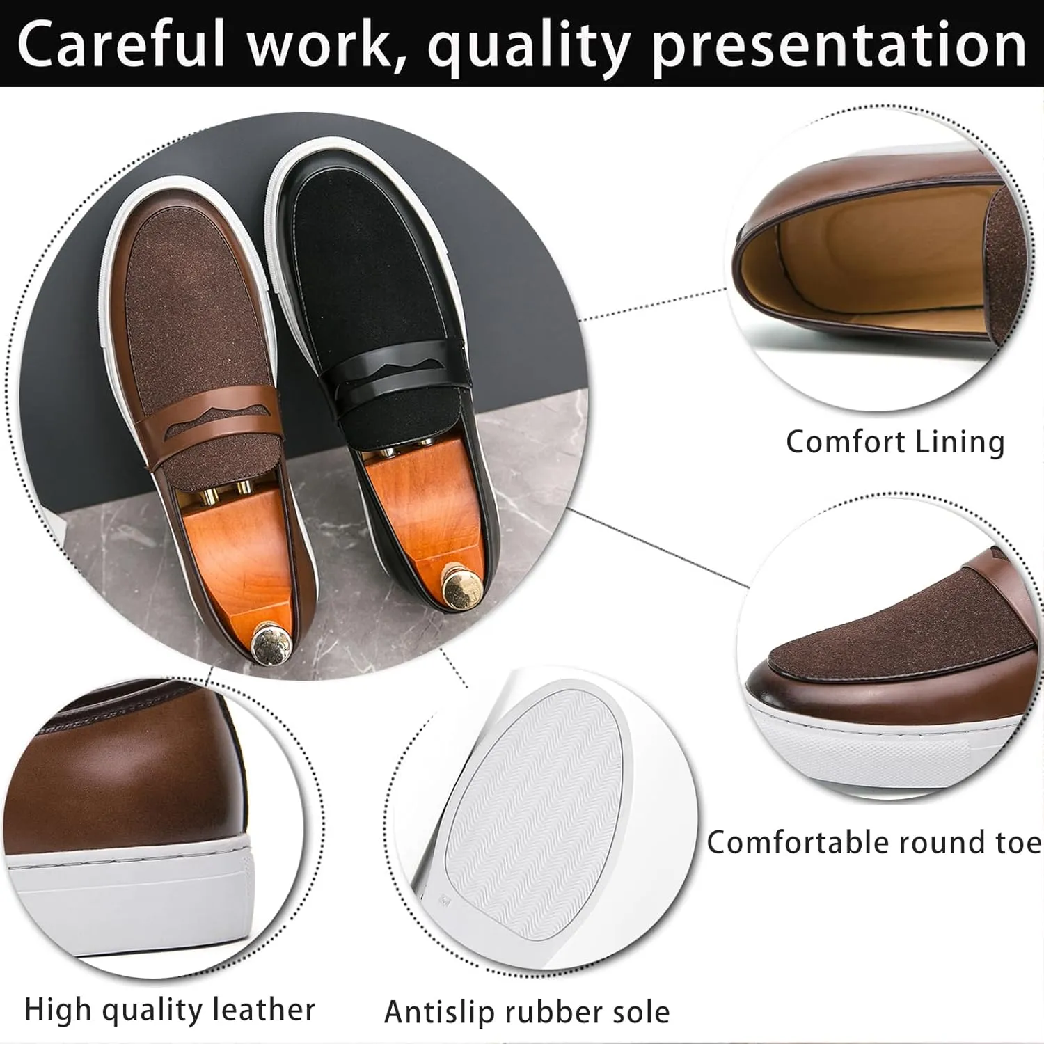 Men's Suede & Leather Penny Loafers Comfort Round Toe Slip On Anti-Slip Sole Dress Walking Shoes for Business Daily Wear & Driving