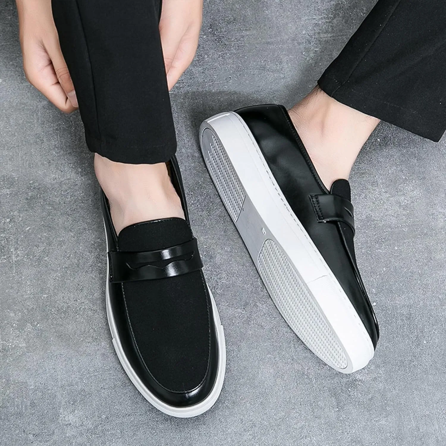 Men's Suede & Leather Penny Loafers Comfort Round Toe Slip On Anti-Slip Sole Dress Walking Shoes for Business Daily Wear & Driving