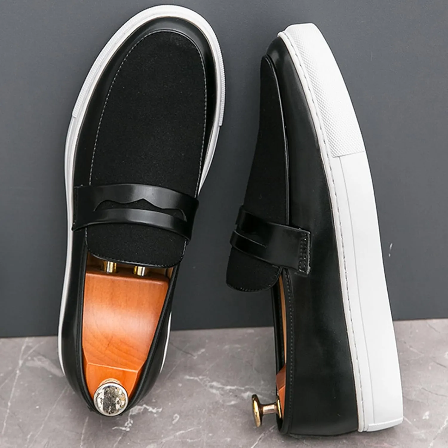 Men's Suede & Leather Penny Loafers Comfort Round Toe Slip On Anti-Slip Sole Dress Walking Shoes for Business Daily Wear & Driving