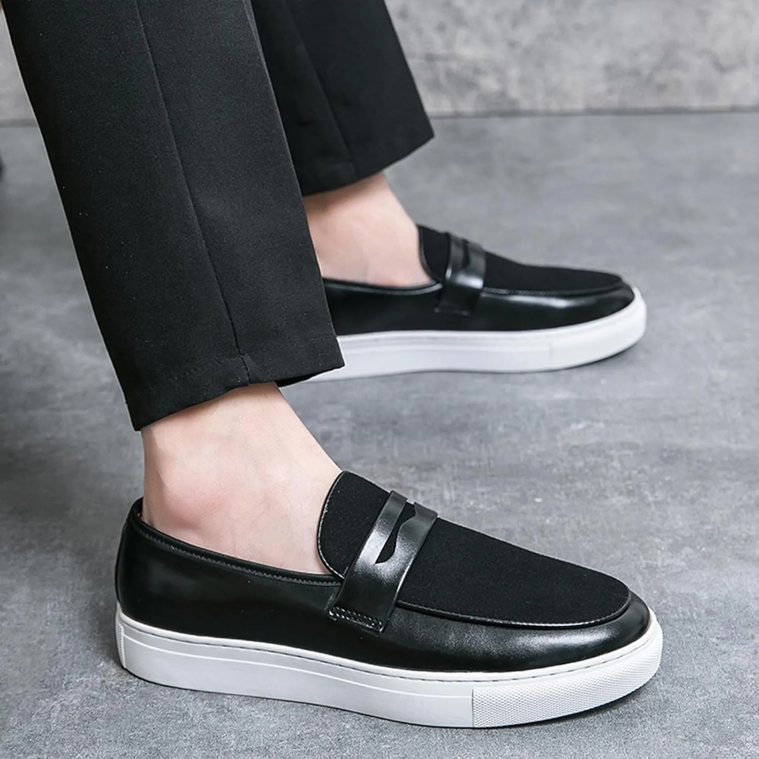 Men's Suede & Leather Penny Loafers Comfort Round Toe Slip On Anti-Slip Sole Dress Walking Shoes for Business Daily Wear & Driving