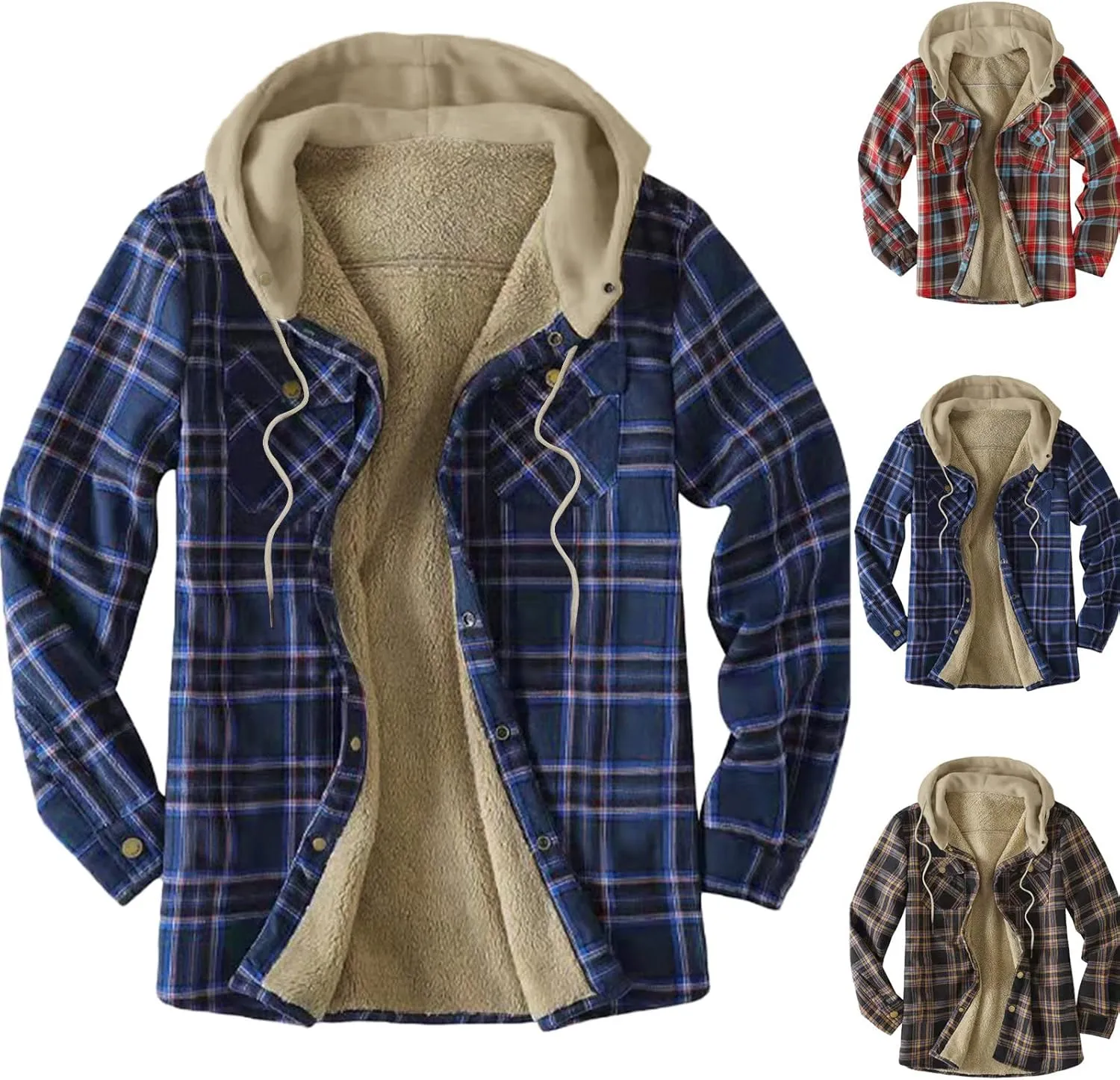 Mens Warm Fleece Sherpa Lined Plaid Flannel Hooded Shirt Jacket Outdoor Casual Thermal Button Up Winter Work Coat