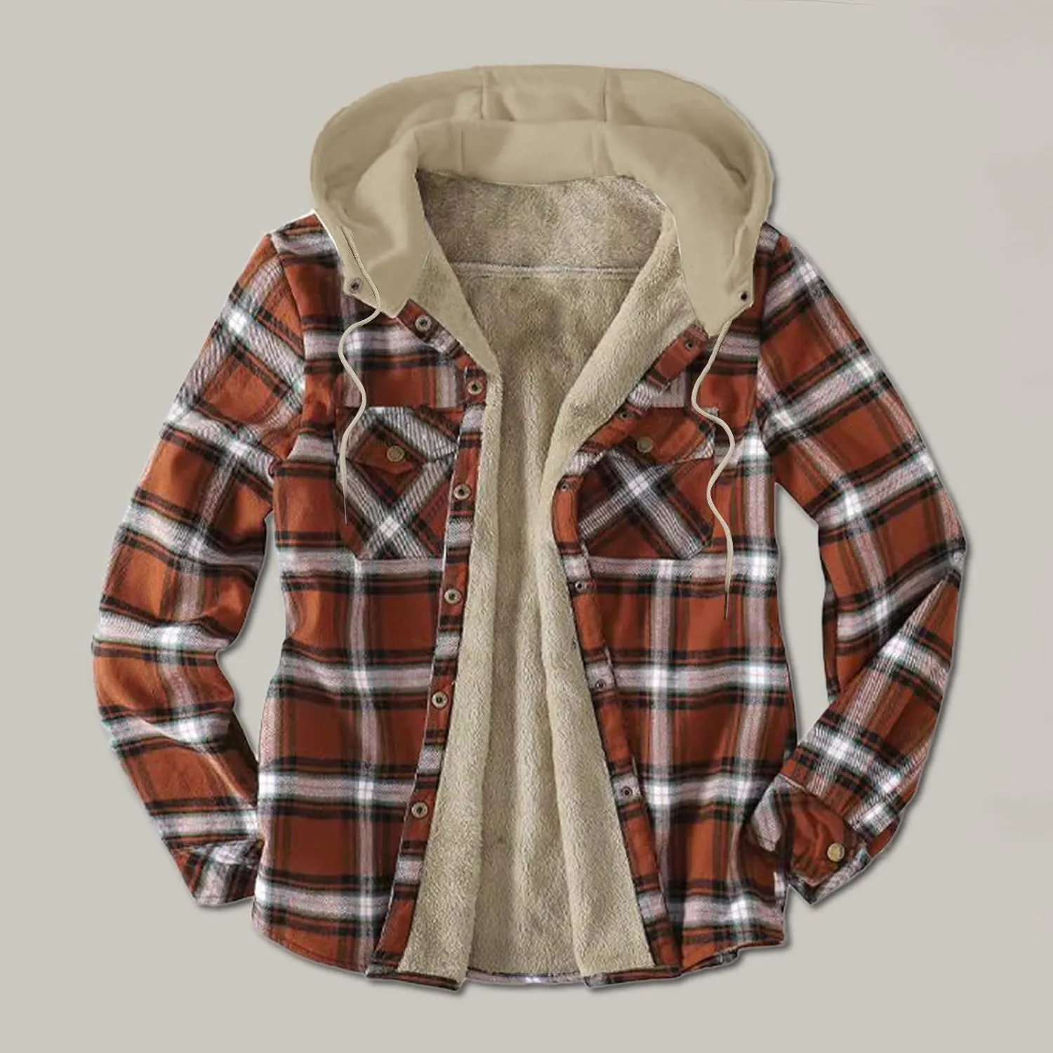 Mens Warm Fleece Sherpa Lined Plaid Flannel Hooded Shirt Jacket Outdoor Casual Thermal Button Up Winter Work Coat