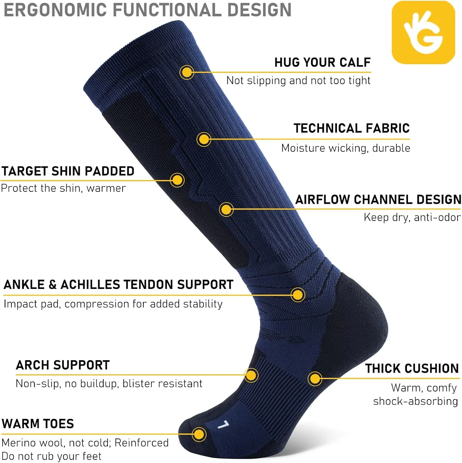 Merino Wool Ski Socks 3 Pack for Skiing, Snowboarding, Winter Thermal