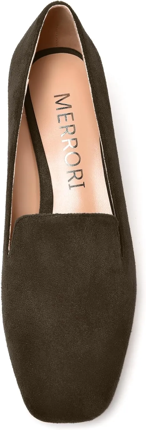 MERRORI Womens Square Toe Suede Casual Slip On Wedding Chunky Low Heel Loafers Shoes 1.5 Inch
