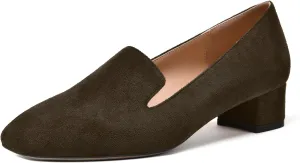 MERRORI Womens Square Toe Suede Casual Slip On Wedding Chunky Low Heel Loafers Shoes 1.5 Inch