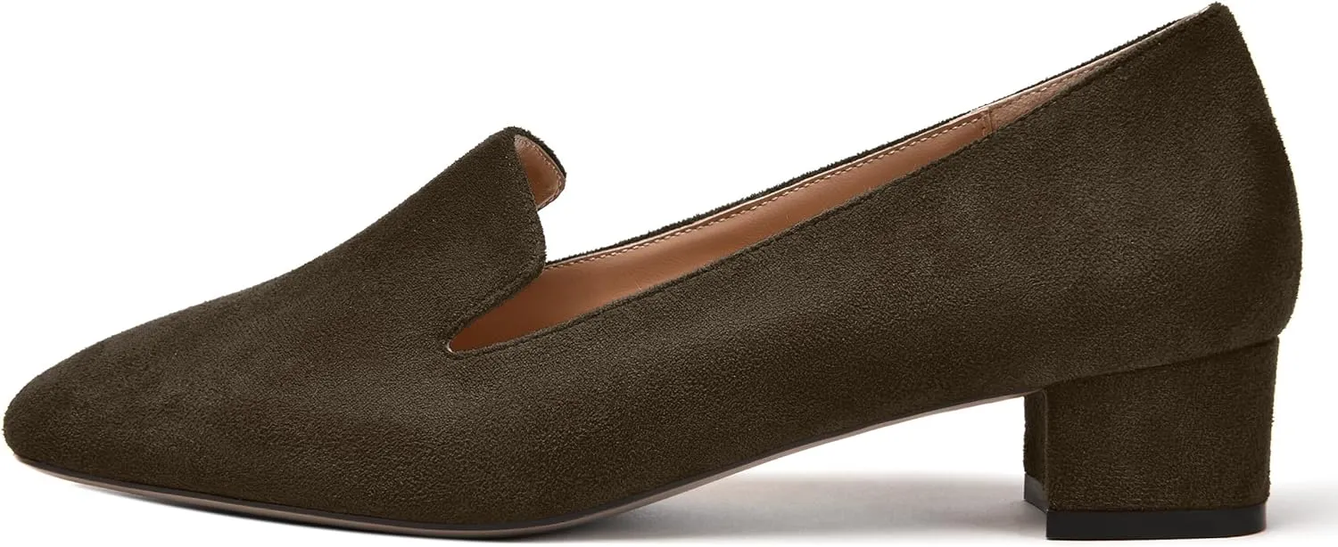 MERRORI Womens Square Toe Suede Casual Slip On Wedding Chunky Low Heel Loafers Shoes 1.5 Inch