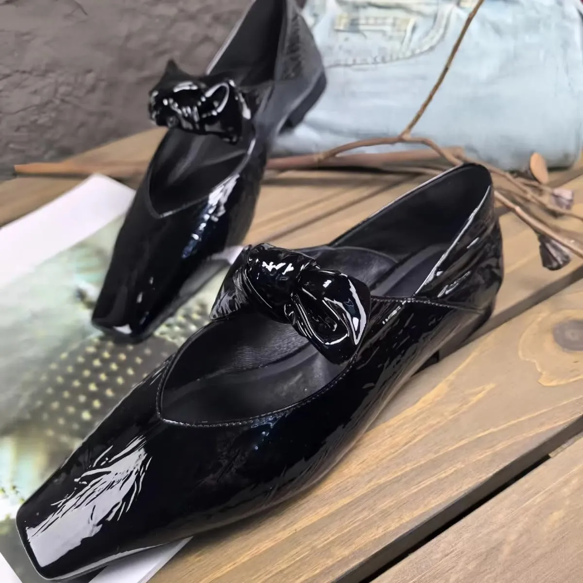 Metallic Style Mary Jane Flats for Women with Bow Elastic Bands Closed Square Toe Genuine Leather Shoes Low Heels and Low-Cut Comfort Casual Dressy Office Work