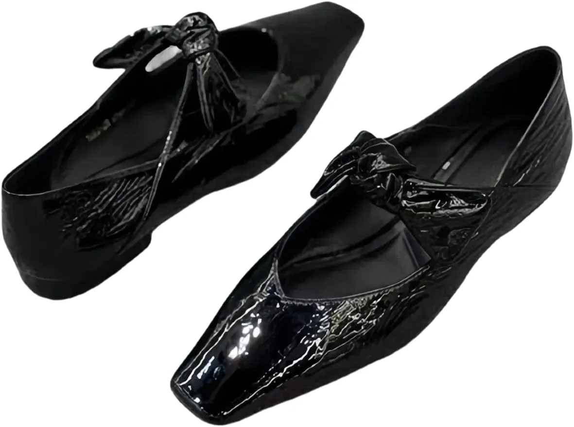 Metallic Style Mary Jane Flats for Women with Bow Elastic Bands Closed Square Toe Genuine Leather Shoes Low Heels and Low-Cut Comfort Casual Dressy Office Work