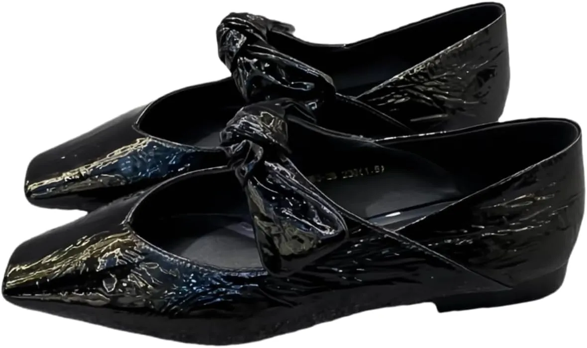 Metallic Style Mary Jane Flats for Women with Bow Elastic Bands Closed Square Toe Genuine Leather Shoes Low Heels and Low-Cut Comfort Casual Dressy Office Work