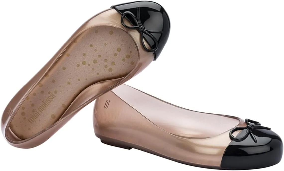 mini melissa Sweet Love Cap Toe Ballet Flats for Big Kids - Jelly Shoes for Girls with Cute Bow, Toe Accent and Adjustable Straps