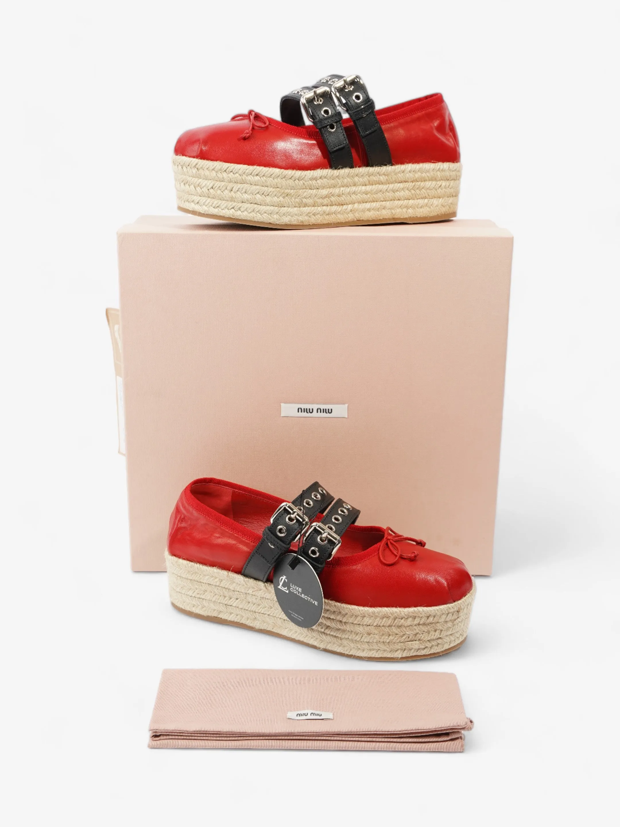 Miu Miu Ballerina Strap Detailed Platform Espadrille 50mm Red Leather EU 38.5 UK 5.5