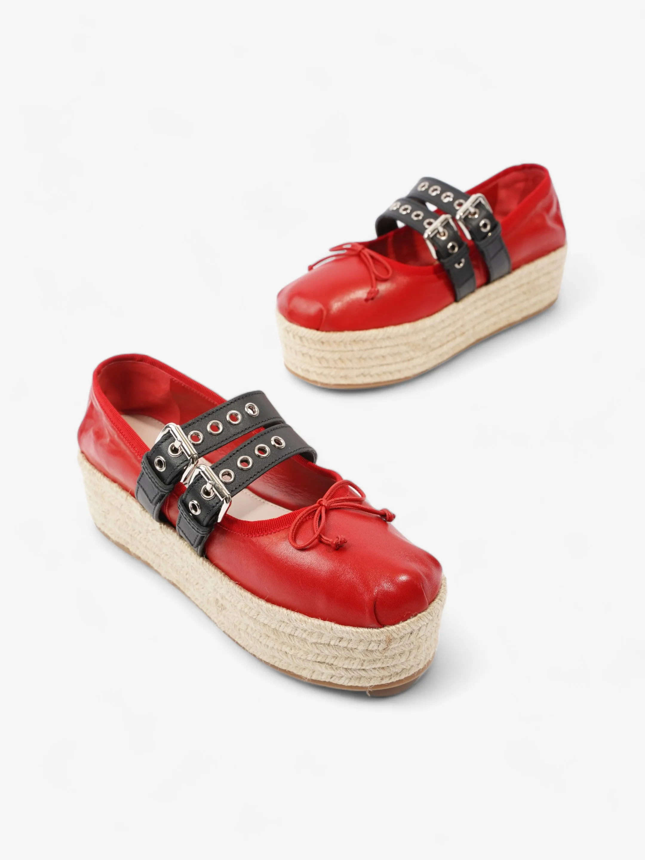 Miu Miu Ballerina Strap Detailed Platform Espadrille 50mm Red Leather EU 38.5 UK 5.5