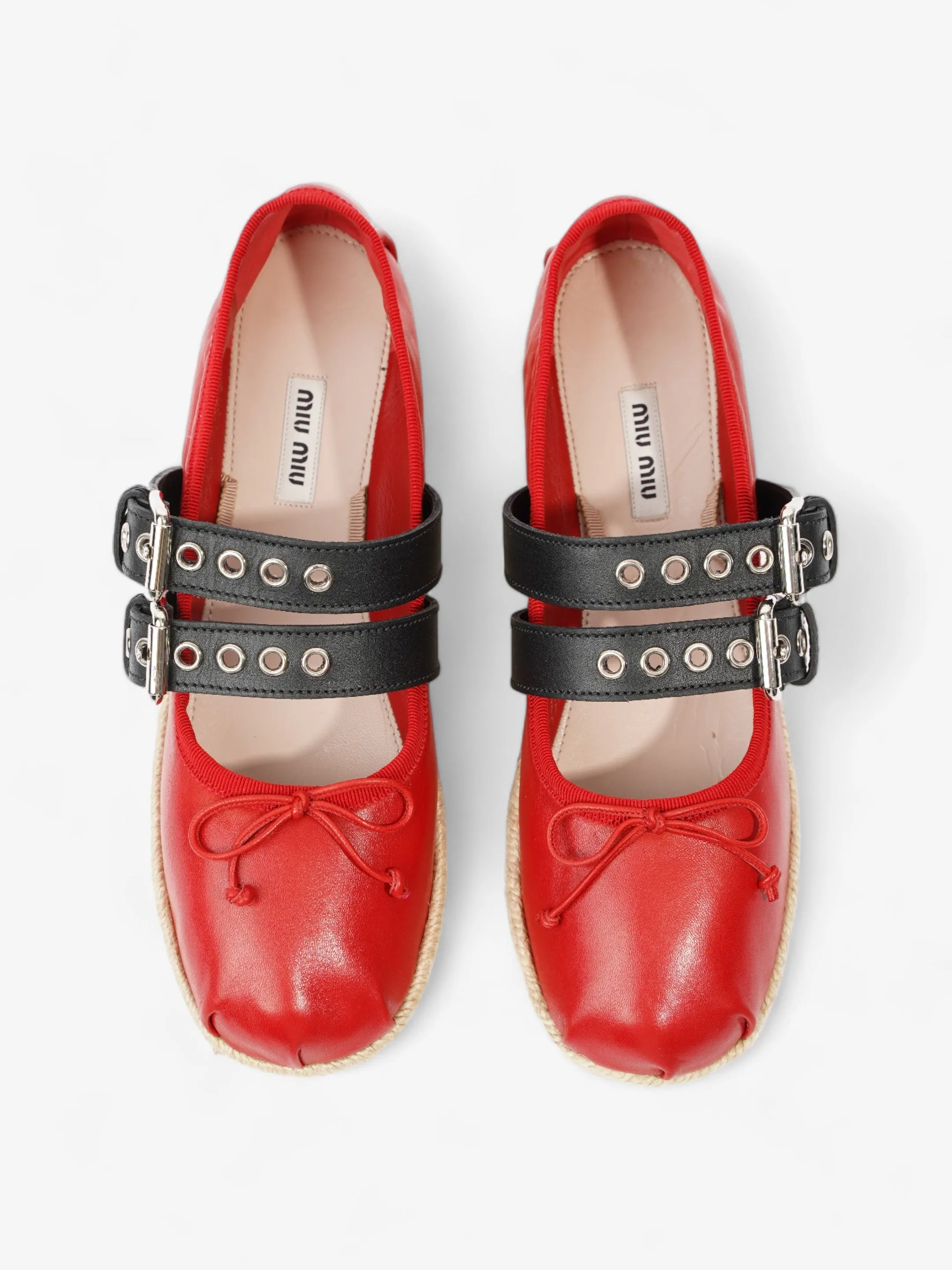 Miu Miu Ballerina Strap Detailed Platform Espadrille 50mm Red Leather EU 38.5 UK 5.5