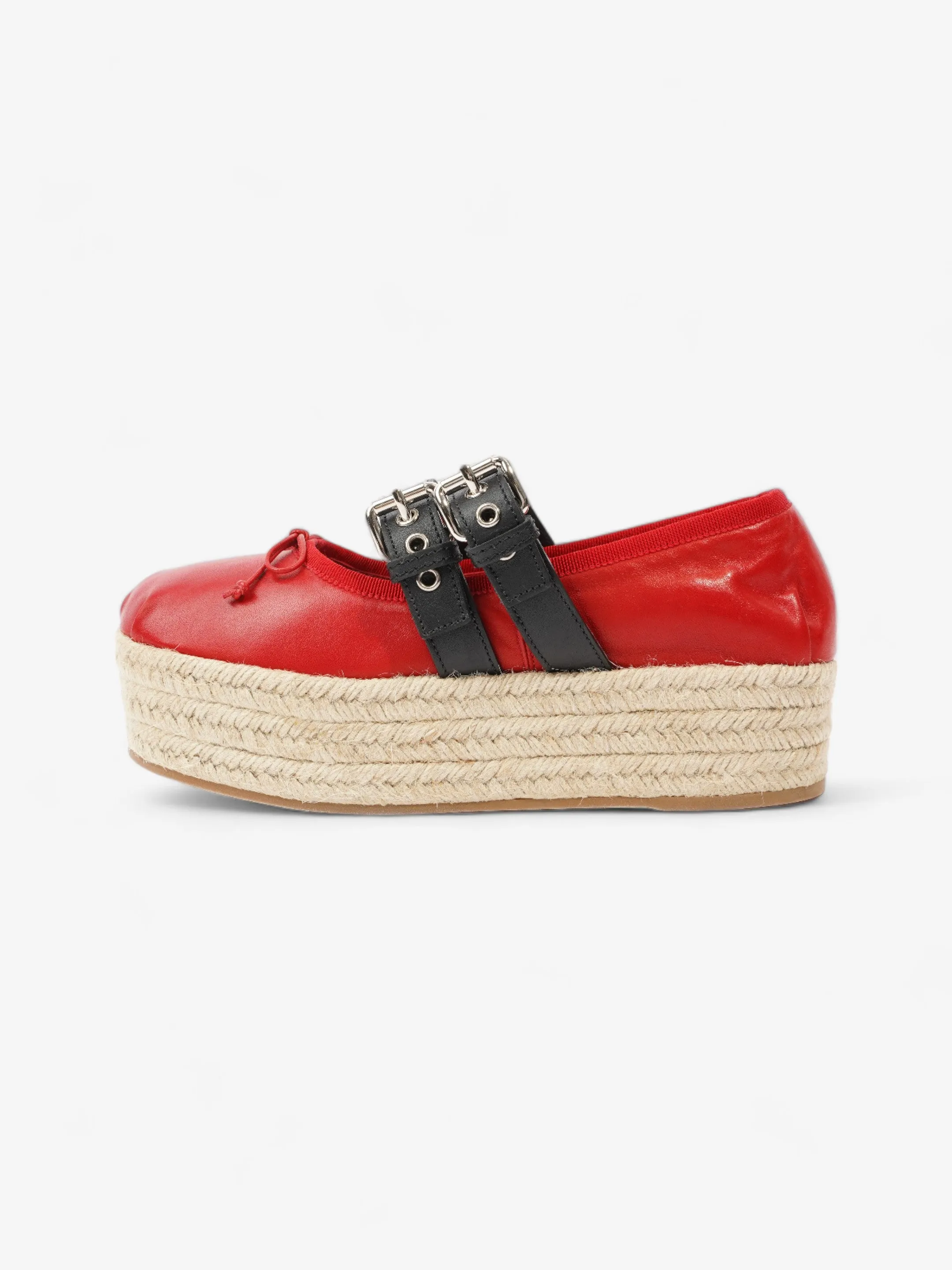 Miu Miu Ballerina Strap Detailed Platform Espadrille 50mm Red Leather EU 38.5 UK 5.5