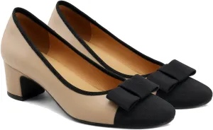 MOOMMO Women Low Chunky Heel Pumps Shoes Bows Round Closed Toe Slip On Block Heels Dress Sandals Cap Toe Bow Flats Shoes Two-Toned Ladies Girls Wedding Office School Elegant Comfort Spring 4-11 M US