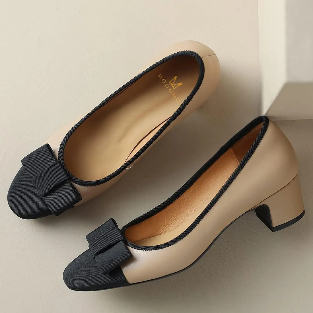 MOOMMO Women Low Chunky Heel Pumps Shoes Bows Round Closed Toe Slip On Block Heels Dress Sandals Cap Toe Bow Flats Shoes Two-Toned Ladies Girls Wedding Office School Elegant Comfort Spring 4-11 M US
