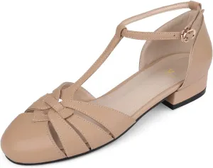 MOOMMO Women’s Ankle Strap Cage Sandals Kitten Heel Round Toe T-Strap Mary Jane Pumps Cut-Out Sandal Heels Vintage Low Heel Closed Toe Roman Sandals Dress Summer Shoes Wedding Bridal Comfy 4-11 M US