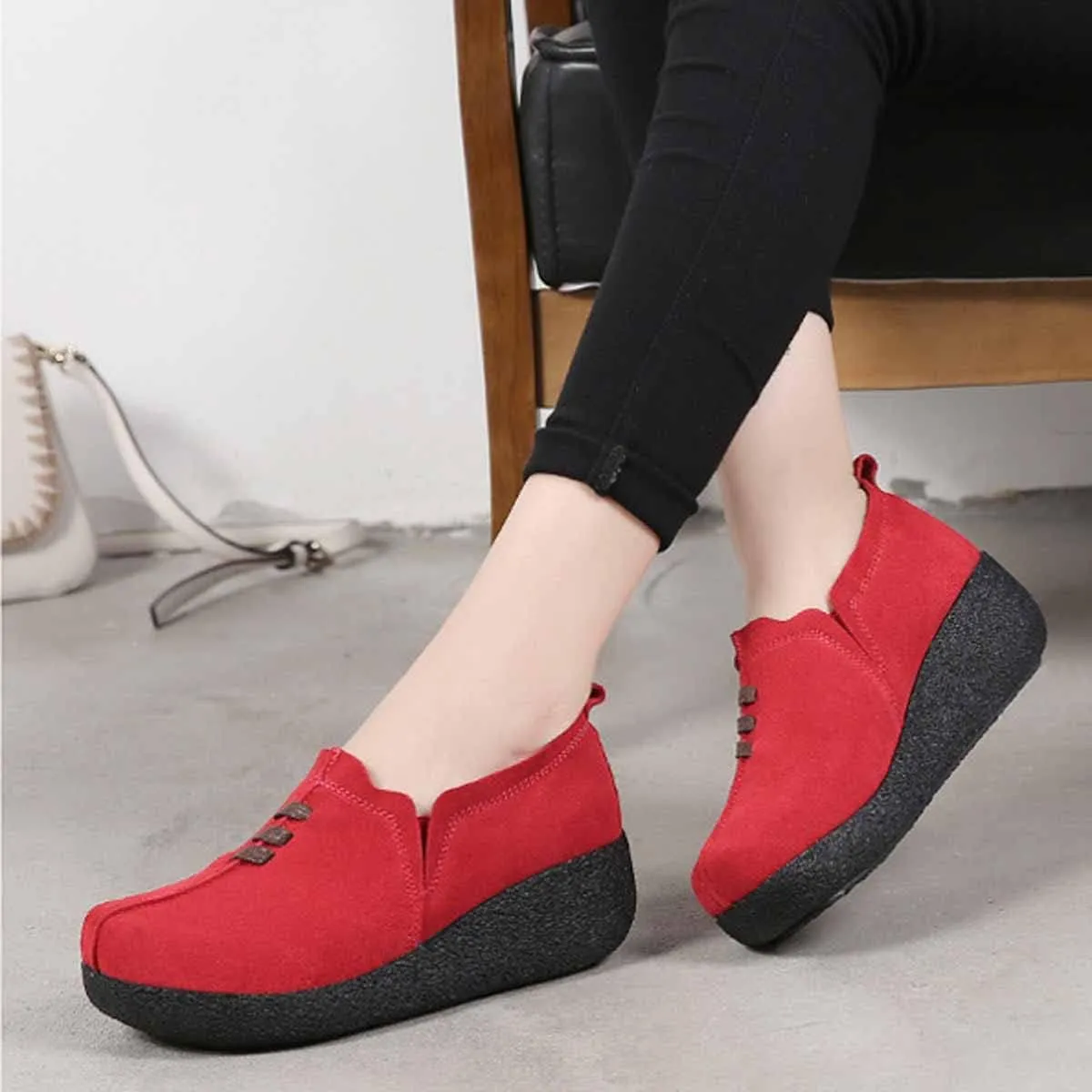 MSYINGL Womens Platform Slip On Loafers,Comfort Suede Moccasins Wide Low Top Wedge Walking Shoes
