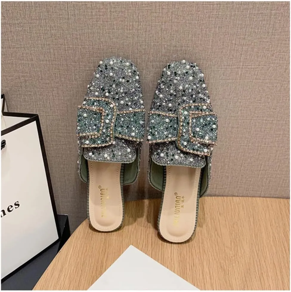 Mules for Women Flashy Round Toe Flats Slip-On Shoes Crystal Rhinestone Mules Business Casual Party Office Comfort Shoes