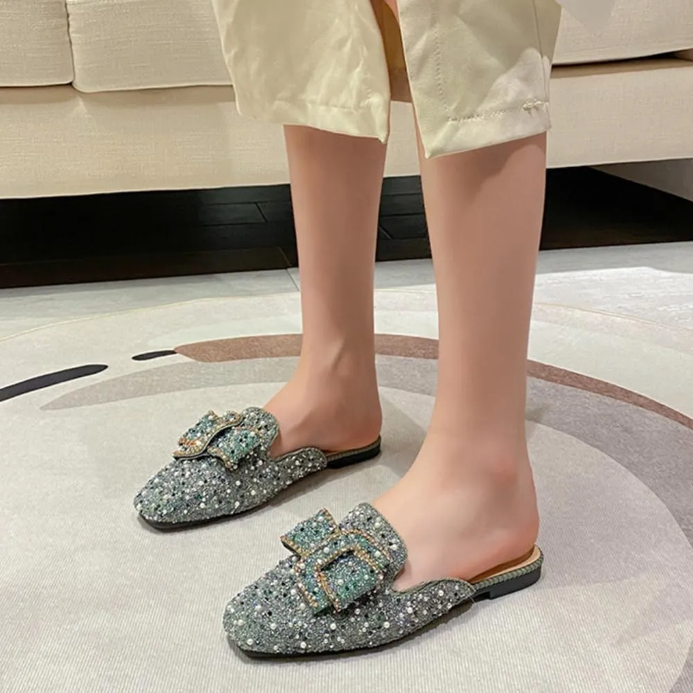 Mules for Women Flashy Round Toe Flats Slip-On Shoes Crystal Rhinestone Mules Business Casual Party Office Comfort Shoes
