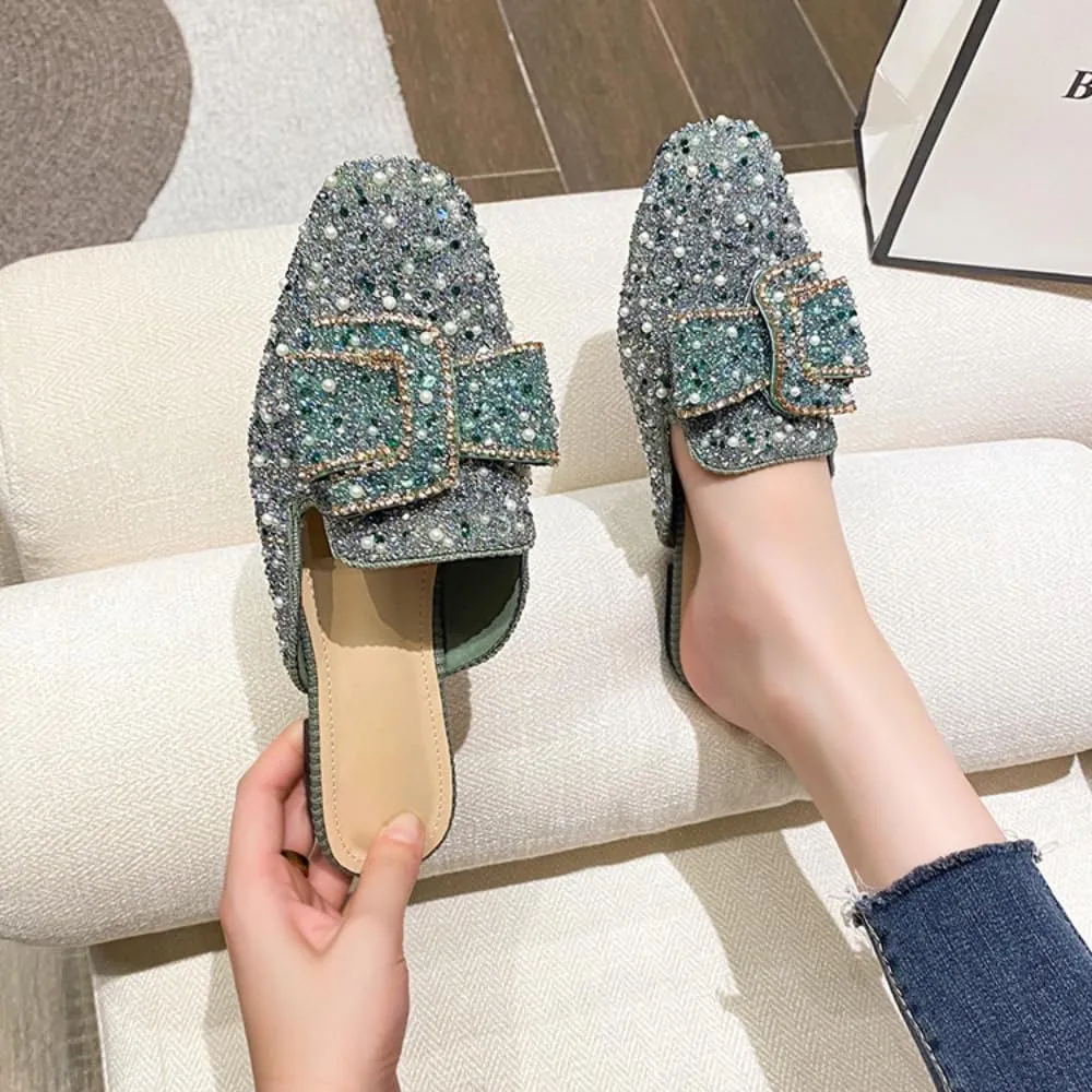 Mules for Women Flashy Round Toe Flats Slip-On Shoes Crystal Rhinestone Mules Business Casual Party Office Comfort Shoes