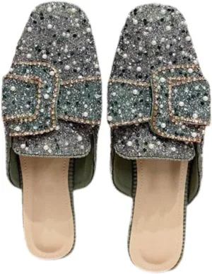 Mules for Women Flashy Round Toe Flats Slip-On Shoes Crystal Rhinestone Mules Business Casual Party Office Comfort Shoes