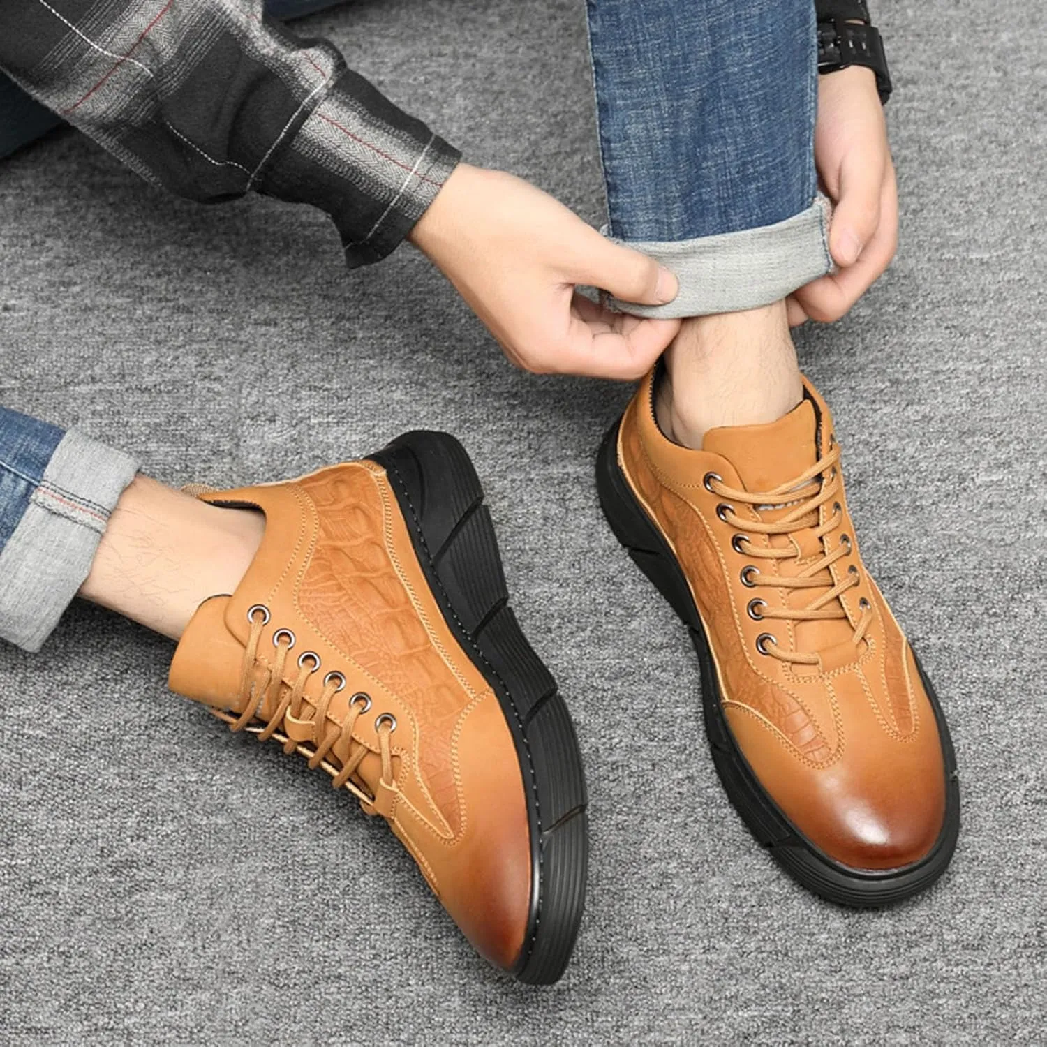 Myallfeet Men's Pattern Versatile Sports Shoes Fashion Anti-Skid Low Top Lace Up Walking Shoes Casual Formal Cowhide Sneakers