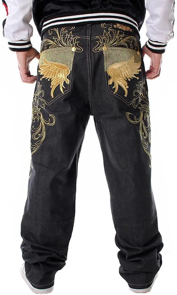 Nanaco Man Loose Baggy Jeans Hiphop Skateboard Embroidery Denim Pants Men's Black Trousers Size 28-46inch