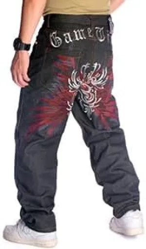Nanaco Man Loose Baggy Jeans Hiphop Skateboard Embroidery Denim Pants Men's Black Trousers Size 28-46inch
