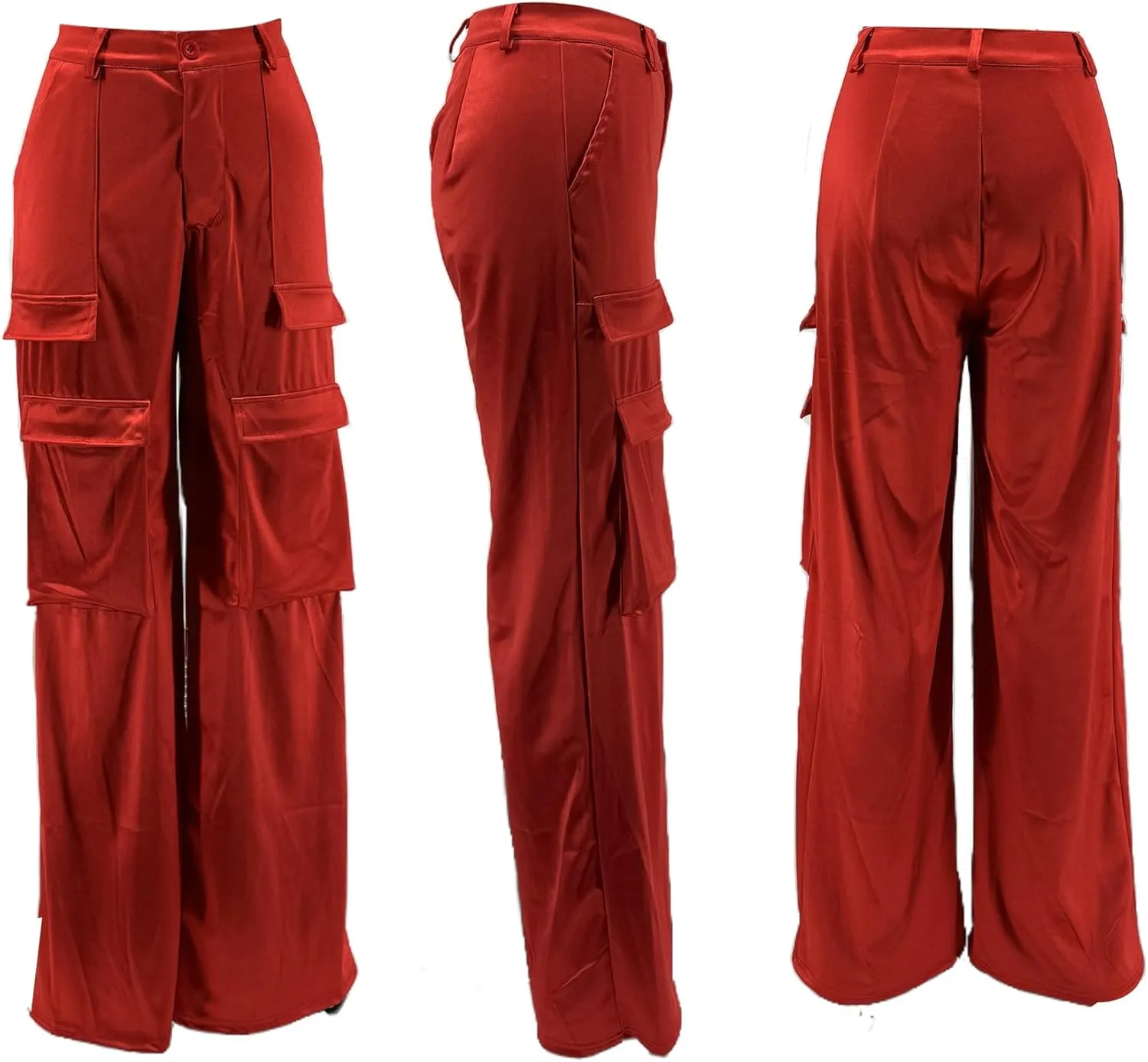 NRTHYE Women High Waisted Satin Cargo Pants Wide Leg Casual Pants Multi Pockets Straight Trousers