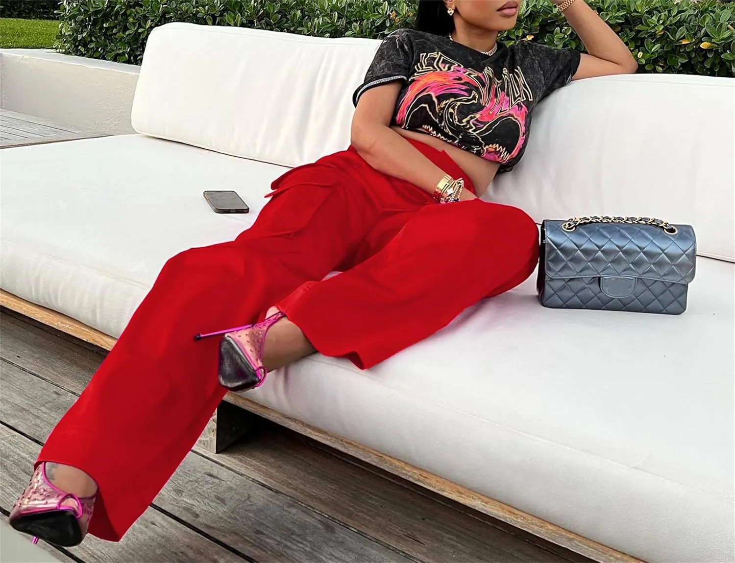 NRTHYE Women High Waisted Satin Cargo Pants Wide Leg Casual Pants Multi Pockets Straight Trousers