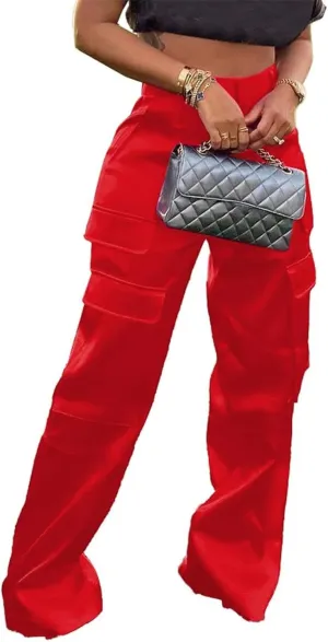 NRTHYE Women High Waisted Satin Cargo Pants Wide Leg Casual Pants Multi Pockets Straight Trousers