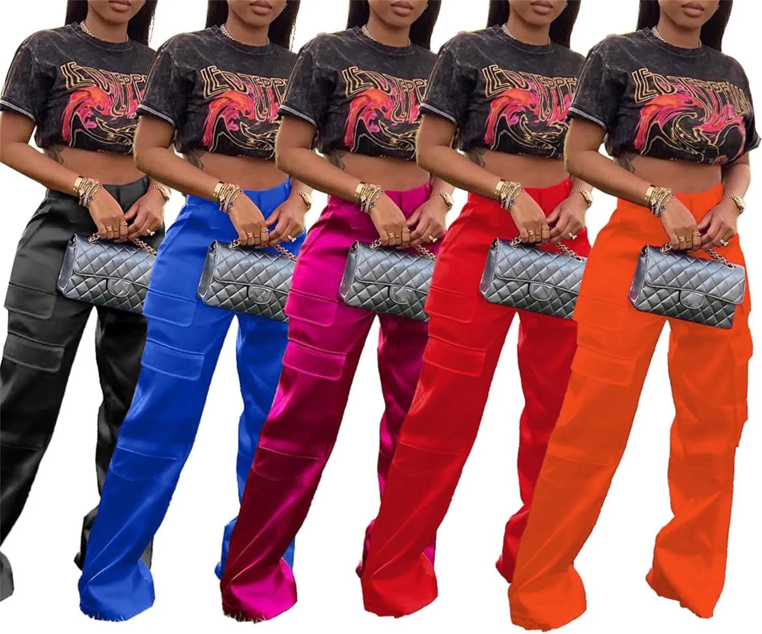 NRTHYE Women High Waisted Satin Cargo Pants Wide Leg Casual Pants Multi Pockets Straight Trousers