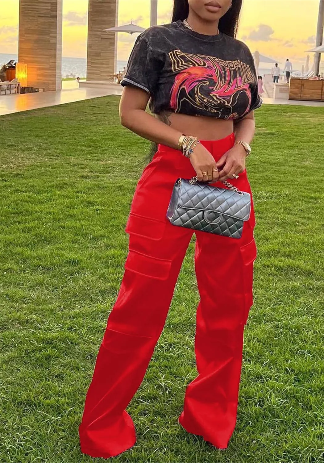 NRTHYE Women High Waisted Satin Cargo Pants Wide Leg Casual Pants Multi Pockets Straight Trousers