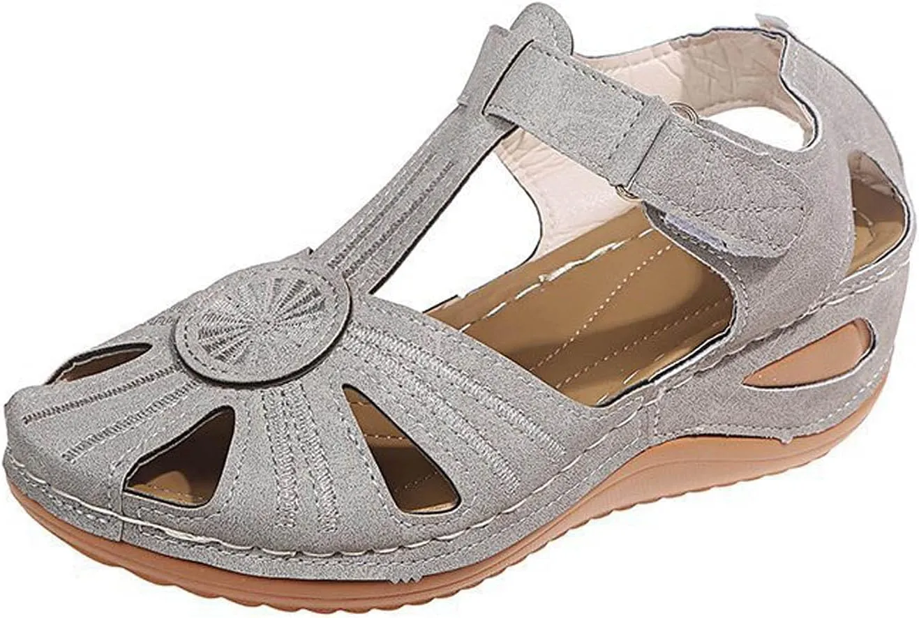 oiangi Hook and Loop Sandals for Women Wedge Hollow Closed Toe Summer Solid Color Flowers Beach Shoes Comfortable Casual Ladies Outdoor Slides Sandalias