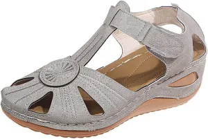oiangi Hook and Loop Sandals for Women Wedge Hollow Closed Toe Summer Solid Color Flowers Beach Shoes Comfortable Casual Ladies Outdoor Slides Sandalias
