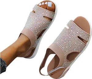 oiangi Rhinestone Sandals for Women Dressy Wedge Heel Stretch Knitted Hook and Loop Hook and Loop Hollow Breathable Slingback Sandals Summer Casual Open Toe Shoes
