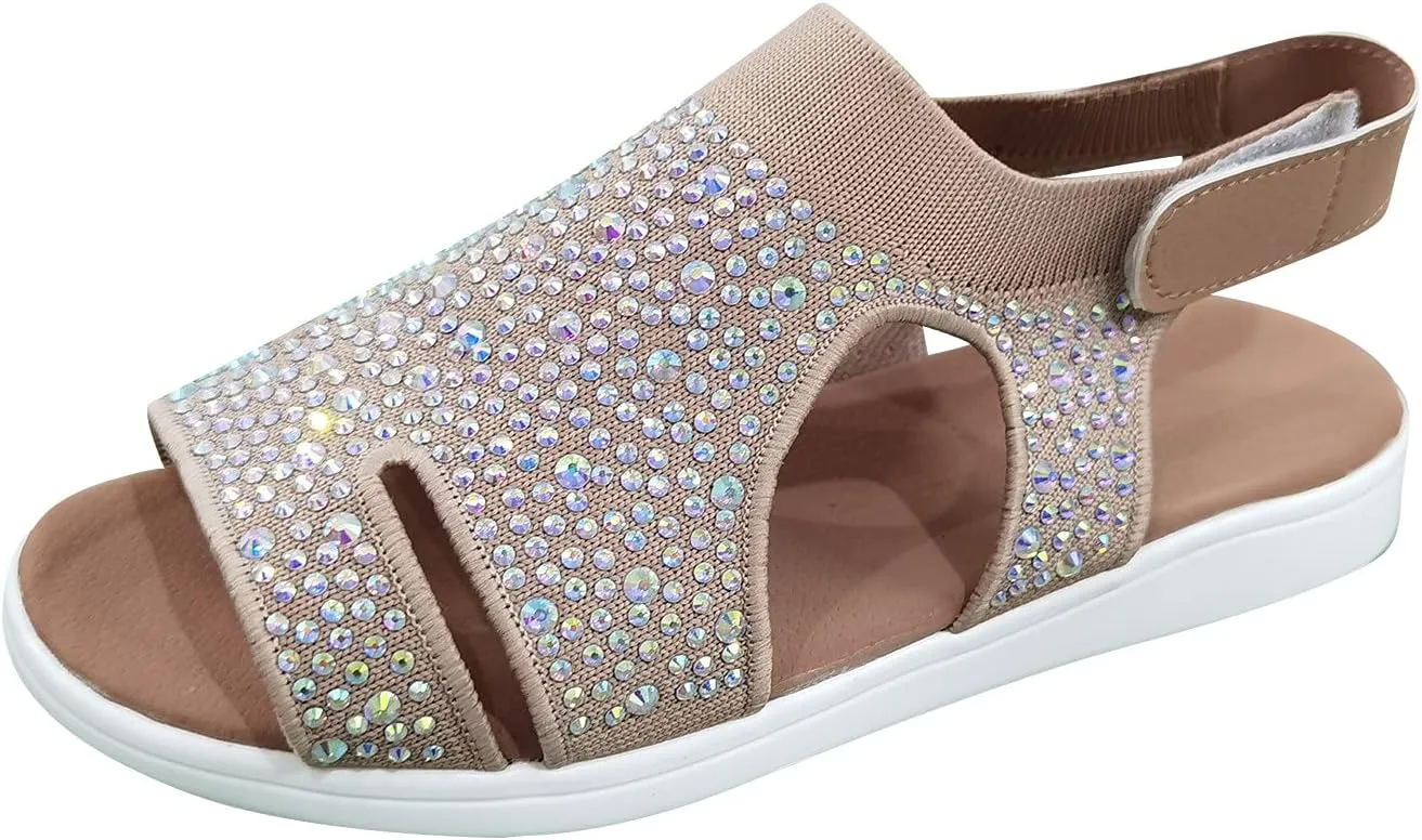 oiangi Rhinestone Sandals for Women Dressy Wedge Heel Stretch Knitted Hook and Loop Hook and Loop Hollow Breathable Slingback Sandals Summer Casual Open Toe Shoes
