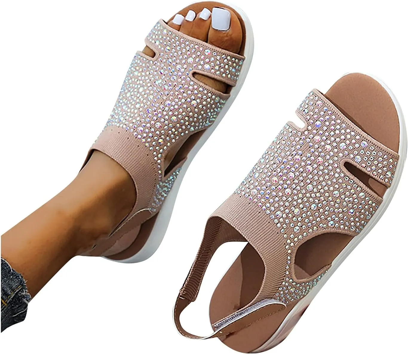 oiangi Rhinestone Sandals for Women Dressy Wedge Heel Stretch Knitted Hook and Loop Hook and Loop Hollow Breathable Slingback Sandals Summer Casual Open Toe Shoes