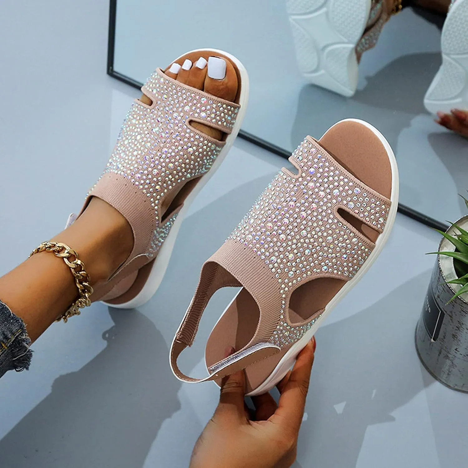 oiangi Rhinestone Sandals for Women Dressy Wedge Heel Stretch Knitted Hook and Loop Hook and Loop Hollow Breathable Slingback Sandals Summer Casual Open Toe Shoes