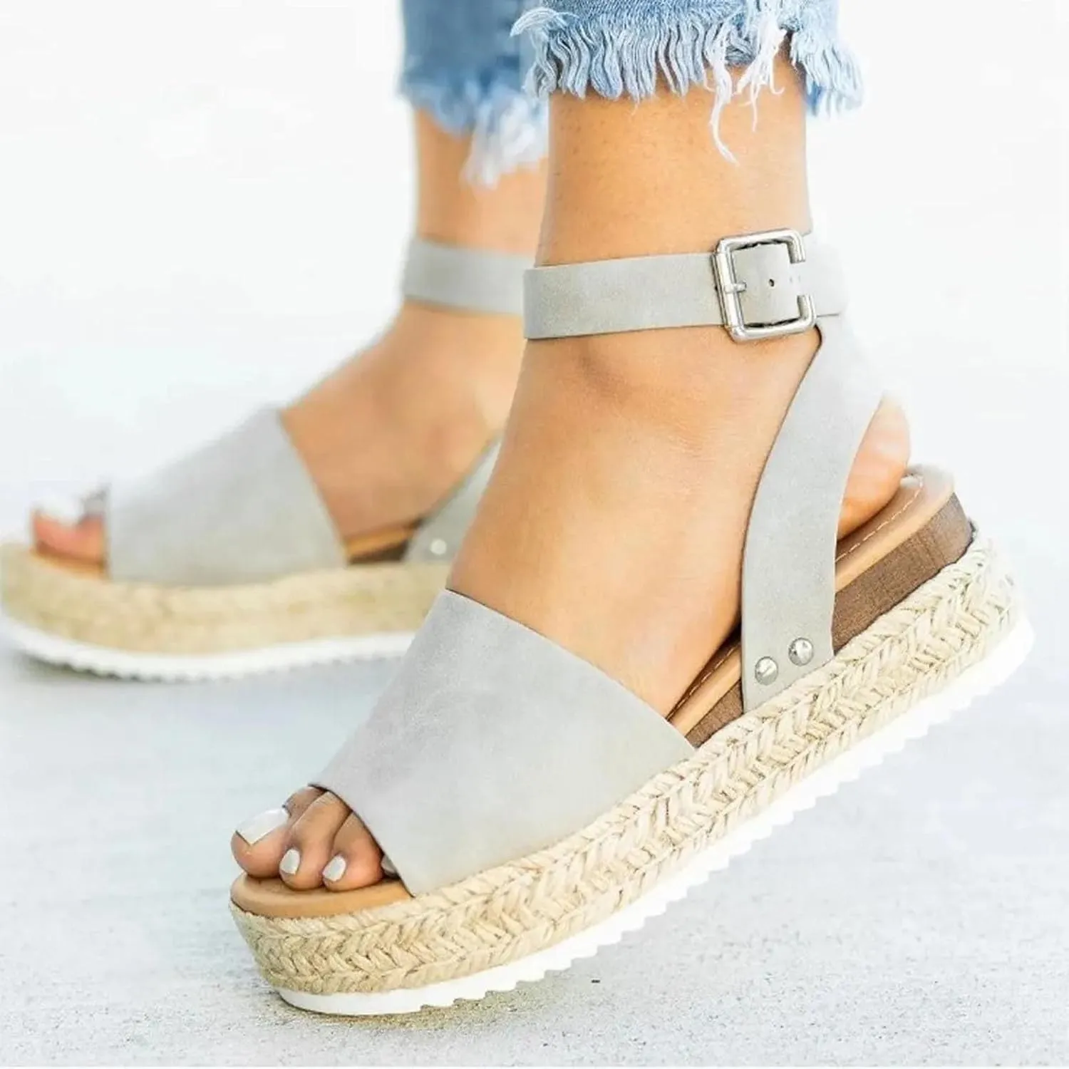 oiangi Sandals Women Espadrilles Wedge Sandal Summer Fashion Ankle Straps Buckle Flatform Shoes Dressy Comfy Open Toe Beach Shoes Business Casual Shoes