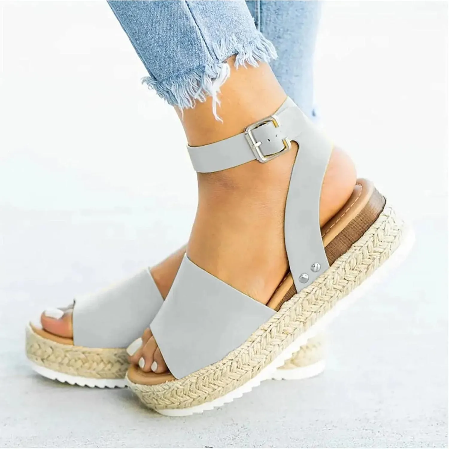 oiangi Sandals Women Espadrilles Wedge Sandal Summer Fashion Ankle Straps Buckle Flatform Shoes Dressy Comfy Open Toe Beach Shoes Business Casual Shoes