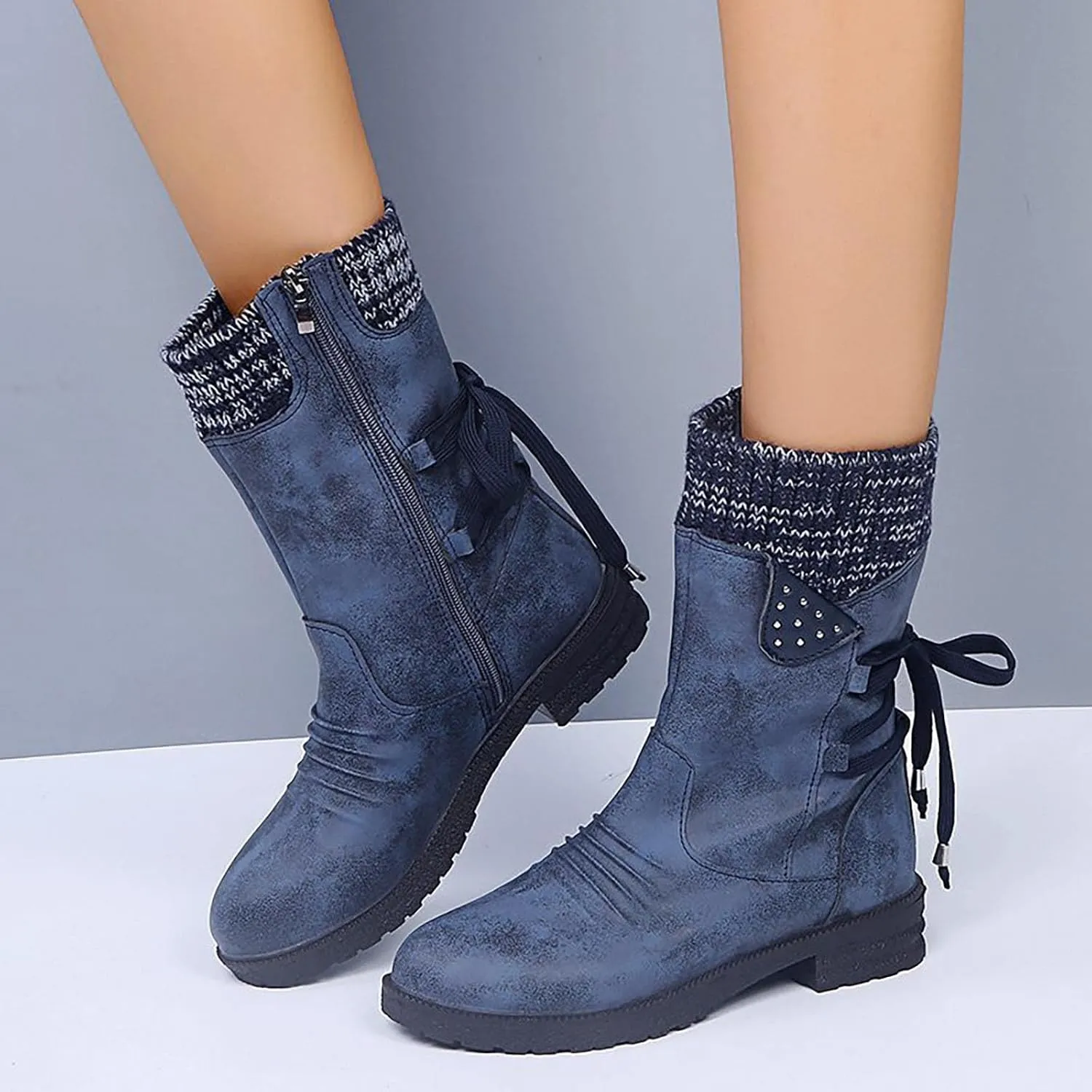 oiangi Womens Winter Boots 2022 Fashion Round Toe Lace Up Side Zipper Wool Patchwork Warm Block Low Heel Mid Calf Boots Solid Casual Western Boots Shoes